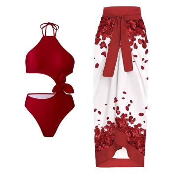 new patchwork padded red one-piece swimsuit chiffon one size cover-up sets