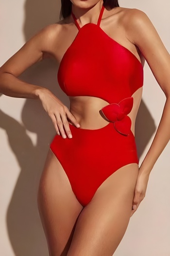 new stylish patchwork padded red applique lace-up halterneck one-piece swimsuit