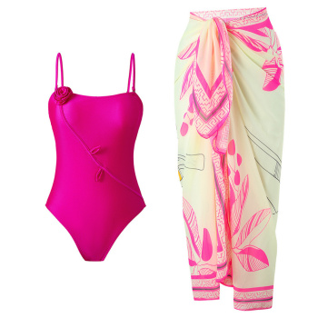 new applique padded one-piece swimsuit & contrast chiffon one size cover-up sets