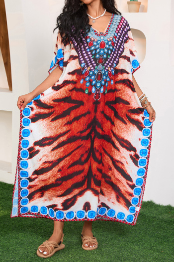 bohemian ethic positioning print loose v-neck beach cover-up maxi robe#1#