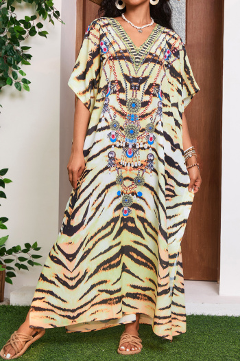bohemian ethic positioning print loose v-neck beach cover-up maxi robe#5#