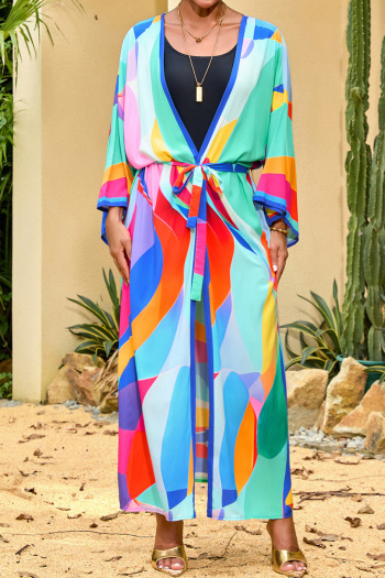 Bohemian graphic printing with belt beach cover-up maxi kimono#4#(only kimono)