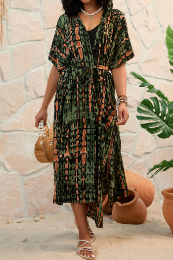 stylish graphic print hooded pocket with belt beach cover-up(only cover-up)