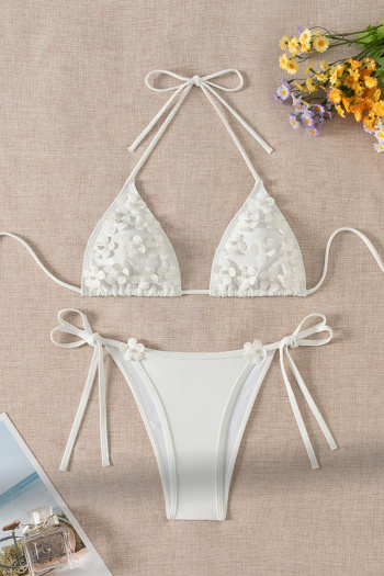 sexy pure color 3d flower pearl padded halter-neck self-tie triangle bikini set