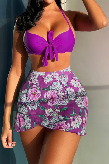 sexy floral printing padded underwire halter-neck three-piece swimsuit