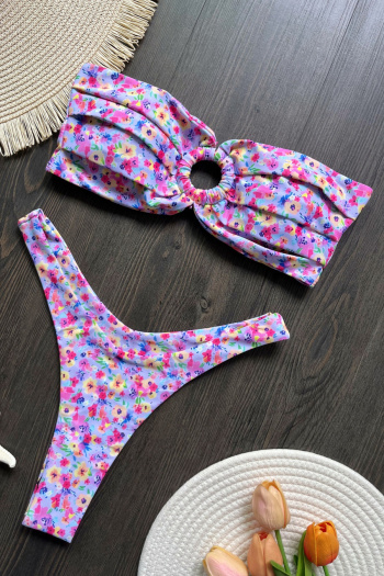 new stylish padded patchwork contrast flowers printing bandeau bikini sets