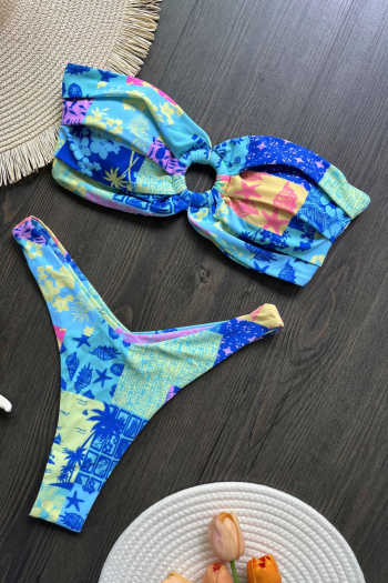 new stylish patchwork contrast geometric printing padded bandeau bikini sets