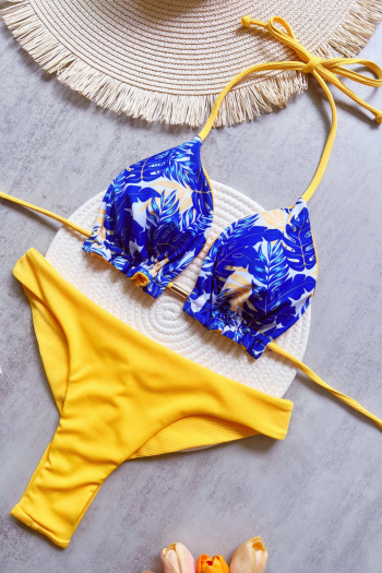 new patchwork contrast leaves printing padded ribbed lace-up bikini sets
