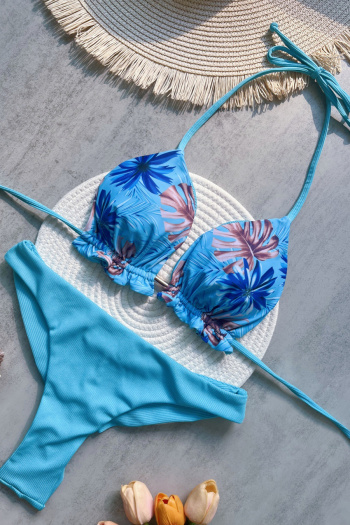 new patchwork contrast padded leaves printing ribbed lace-up bikini sets