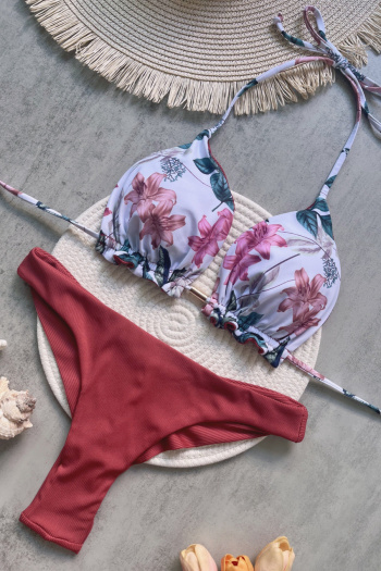 new patchwork contrast padded flowers printing ribbed lace-up bikini sets