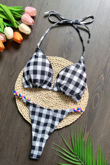new sexy patchwork padded contrast lattice printing lace-up cable bikini sets