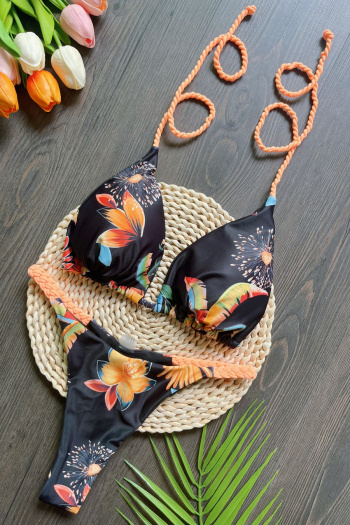 new sexy patchwork padded contrast flowers printing lace-up cable bikini sets