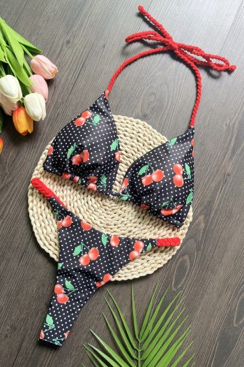 new sexy patchwork padded contrast cherries printing lace-up cable bikini sets