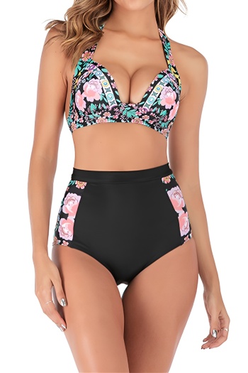 sexy plus size floral printing non-removable padding halter-neck tankini set