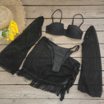 sexy padded cutout fishnet tassel mini skirt three-piece swimsuit & sleeves