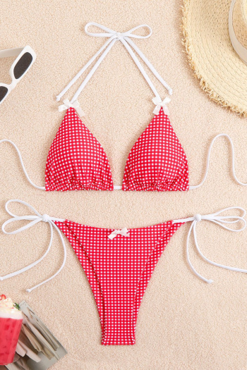 sexy patchwork 5-color lattices printing bow padded lace-up triangle bikini sets