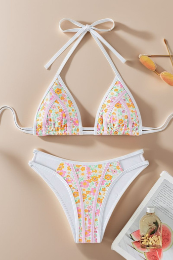 xs-m sexy floral printing padded halter-neck lace-up hollow bikini set
