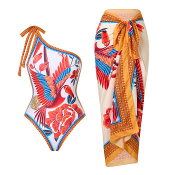 stylish patchwork padded bird printing chiffon one size cover-up two-piece sets