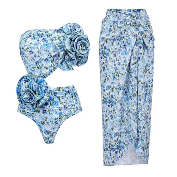 new stylish patchwork padded flowers printing suspender one-piece swimsuit one size cover-up sets