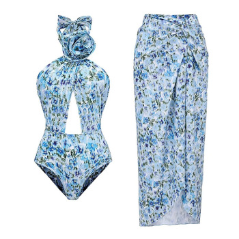 new stylish patchwork padded flowers printing halterneck one-piece swimsuit one size cover-up sets