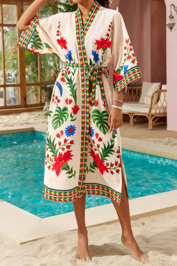 bohemian vacation floral printing with belt beach kimono cover-up