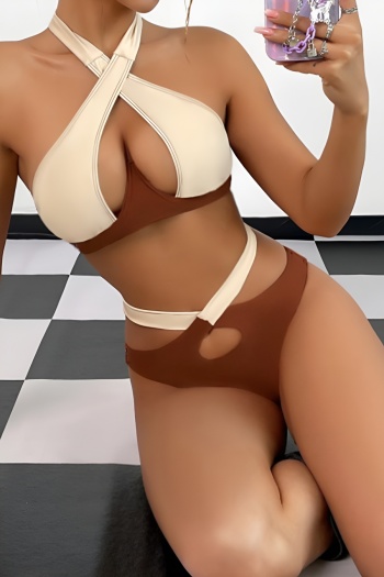 sexy color-block padded underwire hollow out cross halter-neck tankini set