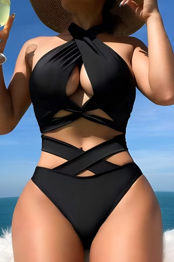 sexy hollow patchwork 3-color padded lace-up halterneck tankini sets