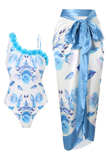 new stylish plus-size padded flowers printing one-piece swimsuit & one size cover-up sets