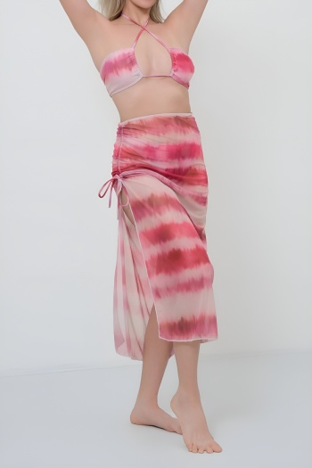sexy tie dye padded halter-neck lace-up mesh skirt three-piece swimsuit