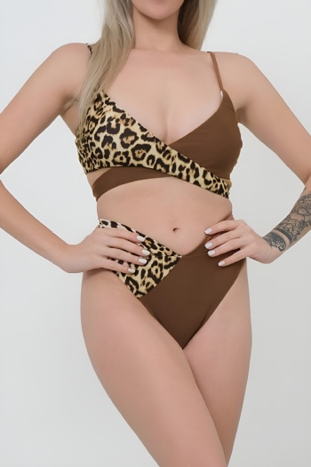 sexy leopard printing padded hollow out backless adjustable straps bikini set