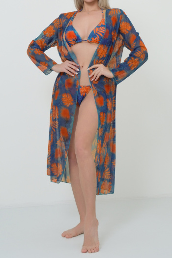 sexy leaf printing padded mesh cover-up three-piece swimsuit