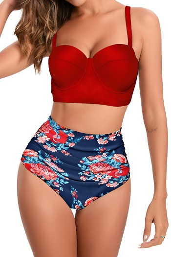 stylish plus-size flowers printing underwire padded high-waist tankini sets #1
