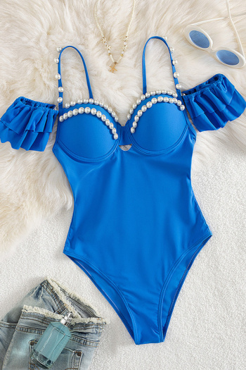 sexy chic pure color pearl decor padded underwire ruffle one-piece swimsuit