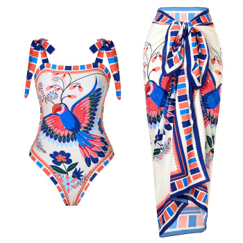 new parrot printing padded one-piece swimwear with one size chiffon skirt