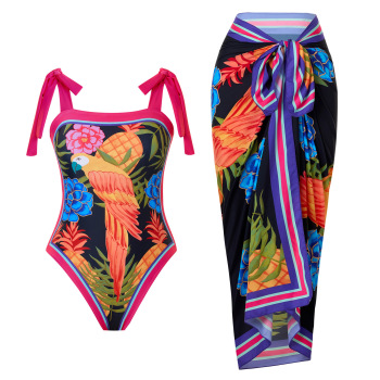 new stylish parrot printing padded one-piece swimwear with one size chiffon cover-up