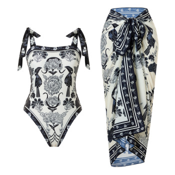 stylish parrot fixed printing padded one-piece swimwear with one size chiffon cover-up