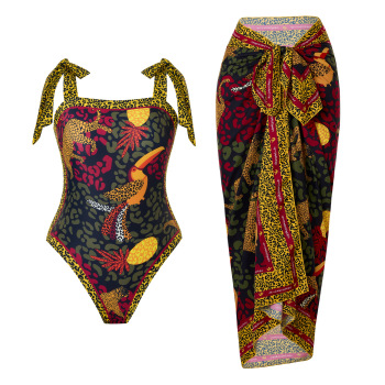 new parrot printing padded suspender one-piece swimwear with one size chiffon cover-up