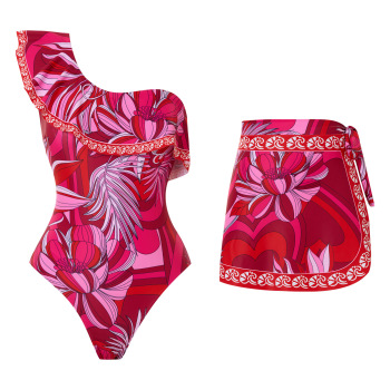 stylish flowers printing padded one-piece swimsuit with one size chiffon skirts