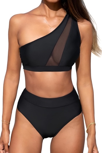 sexy plus-size patchwork mesh solid color padded high-waist tankini sets
