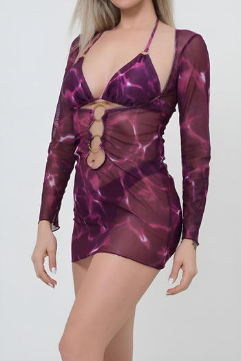 sexy two colors padded mesh ring linked cover-up three-piece swimsuit