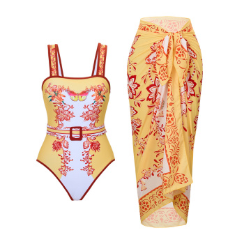 flowers fixed printing padded one-piece swimsuit chiffon one size cover-up sets (with belt)