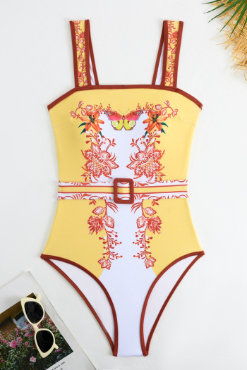 new contrast color flowers fixed printing padded one-piece swimsuit (with belt)