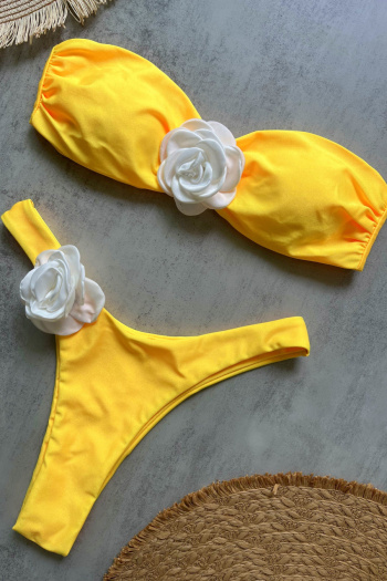 sexy patchwork 3d flowers padded solid color bandeau triangle bikini sets