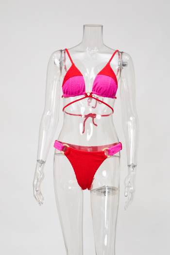 sexy contrast patchwork nylon ribbed padded 3-color lace-up bikini sets