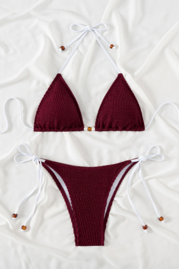 sexy patchwork nylon stripe shape solid color padded lace-up bikini sets