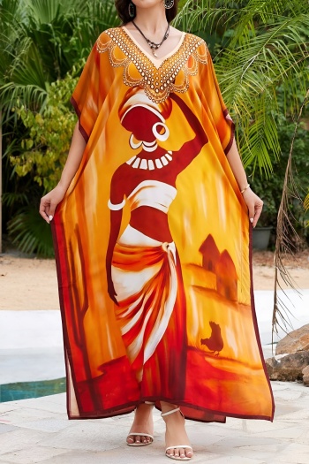 Stylish bohemian ethnic graphic print loose beach cover-up maxi robe#11#