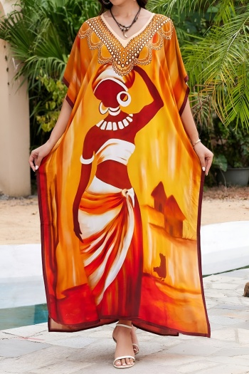 Stylish bohemian ethnic graphic print loose beach cover-up maxi robe#11#