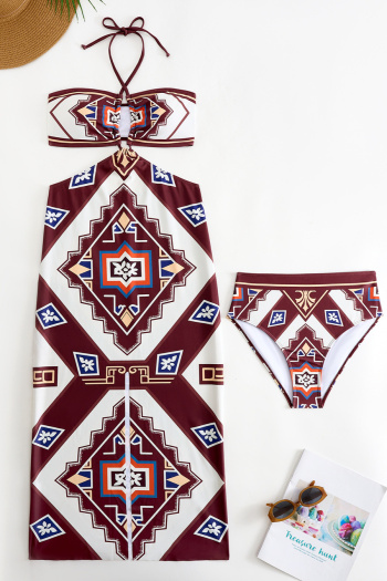 geometric fixed printing padded bohemian style tankini sets with one size skirts