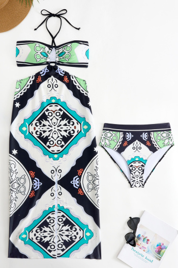 geometric fixed printing padded bohemian style tankini & one size skirt sets