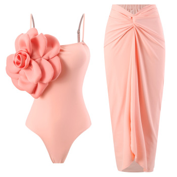 stylish 3-color 3d flowers padded one-piece swimsuit with chiffon one size skirt